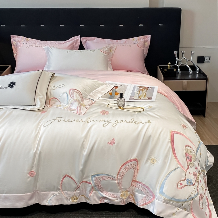 91家纺网 家纺一手货源 找家纺 星蕴家纺 2024新款喷气全工艺纯棉四件套-莉兰 莉兰白拼粉