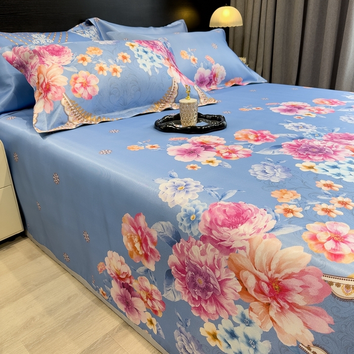 91家纺网 家纺一手货源 找家纺 柏薇 2024新款冰丝床单款凉席三件套 花丛间