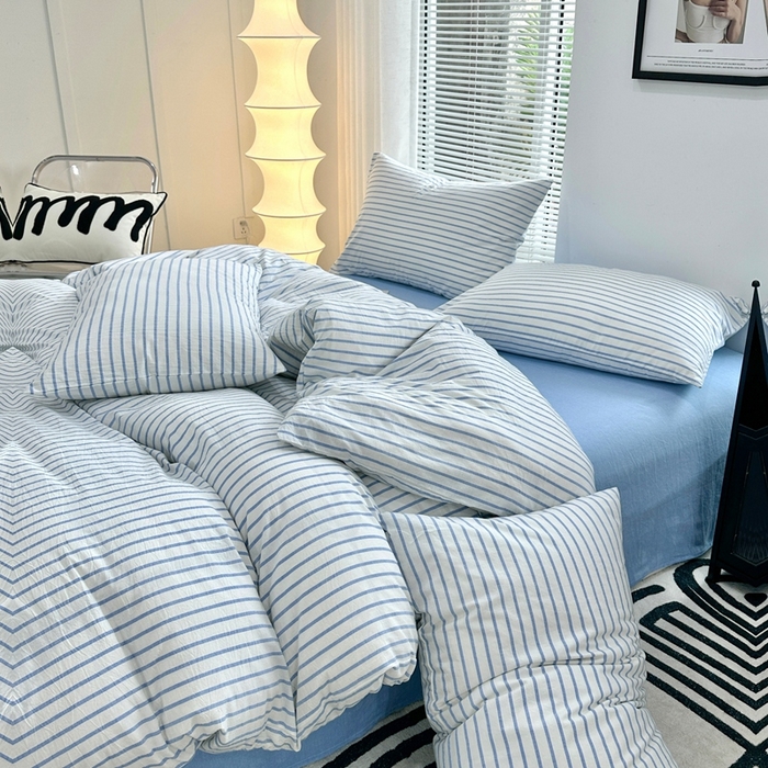 91家纺网 家纺一手货源 找家纺 价格下调三沁直播爆AAB版款纯棉全棉色织水洗棉简约格子式四件套（床单直角）蓝灰条