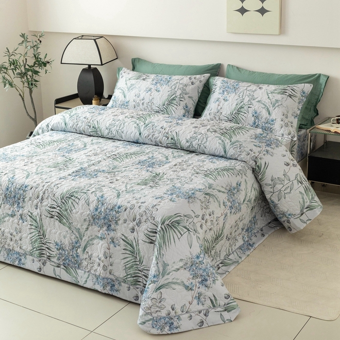 91家纺网 家纺一手货源 找家纺 优乐家纺 2025新款纯棉印花夹棉系列床盖三件套-纽扣款 早春