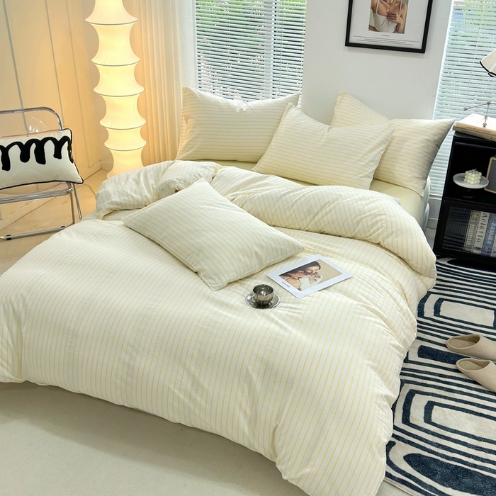 91家纺网 家纺一手货源 找家纺 价格下调三沁直播爆AAB版款纯棉全棉色织水洗棉简约格子式四件套（床单直角）淡黄条