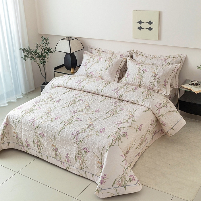 91家纺网 家纺一手货源 找家纺 优乐家纺 2025新款全棉斜纹13376宽边枕套床盖三件套 迷雾