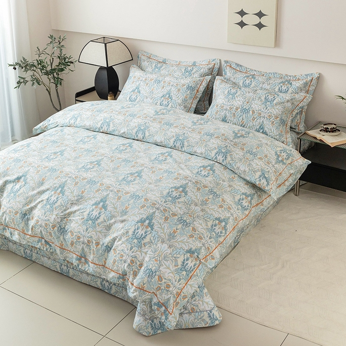 91家纺网 家纺一手货源 找家纺 优乐家纺 2025新款全棉斜纹13376单层被套夹棉床盖款四件套 普卡拉-兰