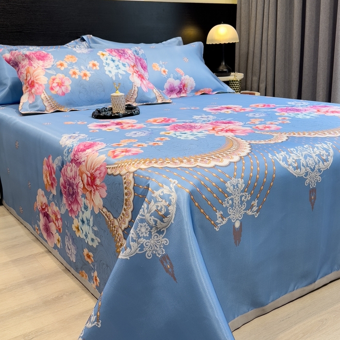 91家纺网 家纺一手货源 找家纺 柏薇 2024新款冰丝床单款凉席三件套 花丛间