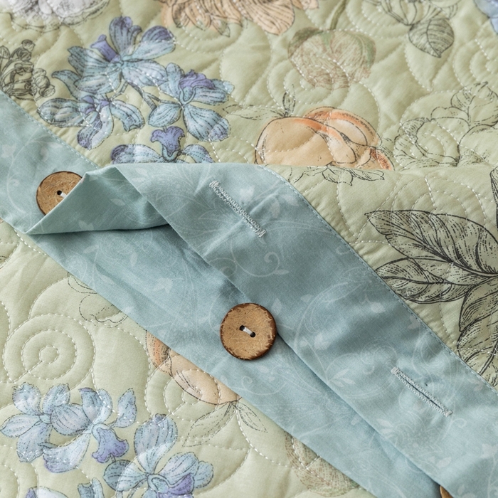 91家纺网 家纺一手货源 找家纺 优乐家纺 2025新款纯棉印花夹棉系列四件套-纽扣款 安琪-绿