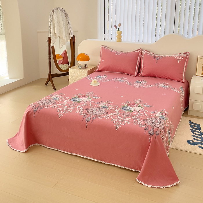 91家纺网 家纺一手货源 找家纺 玖琳家纺 2024新款新款鱼骨棉老粗布凉席花边款床单三件套 欧式风情-粉