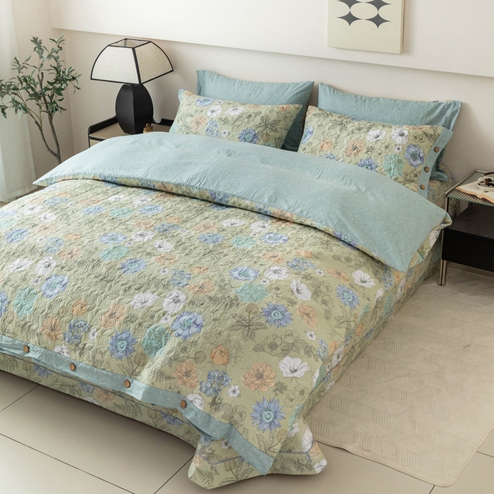 91家纺网 家纺一手货源 找家纺 优乐家纺 2025新款纯棉印花夹棉系列四件套-纽扣款 安琪-绿