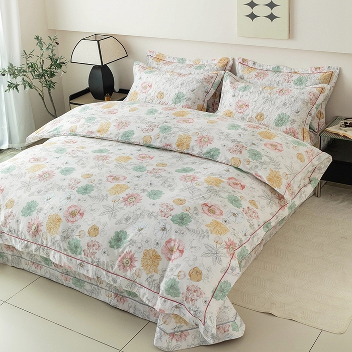 91家纺网 家纺一手货源 找家纺 优乐家纺 2025新款全棉斜纹13376单层被套夹棉床盖款四件套 安琪-黄