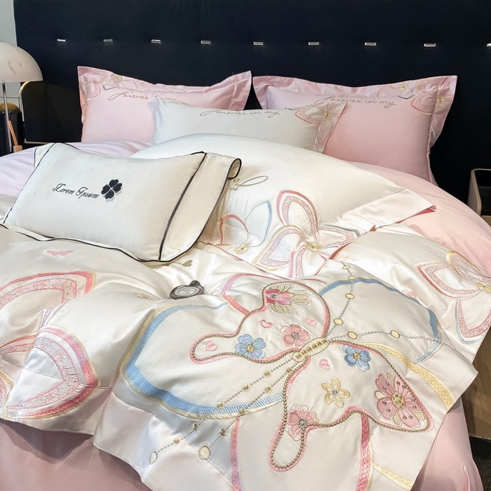 91家纺网 家纺一手货源 找家纺 星蕴家纺 2024新款喷气全工艺纯棉四件套-莉兰 莉兰白拼粉