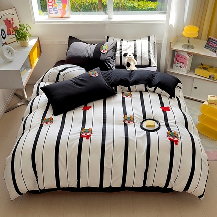 91家纺网 家纺一手货源 找家纺 易辰美 2024新款条纹水洗棉毛巾绣龙年限定四件套（专版） 龍龍前程-黑条