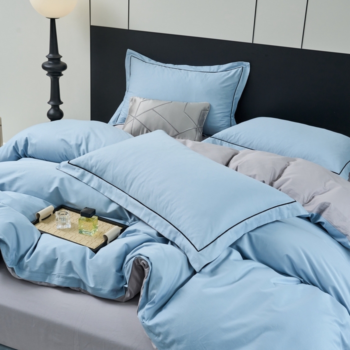 91家纺网 家纺一手货源 找家纺 三沁家居 2024新款精梳长绒棉四件套 蓝灰