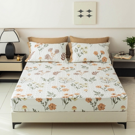 优乐家纺 2025新款纯棉印花夹棉床笠三件套系列-纽扣款 南薇