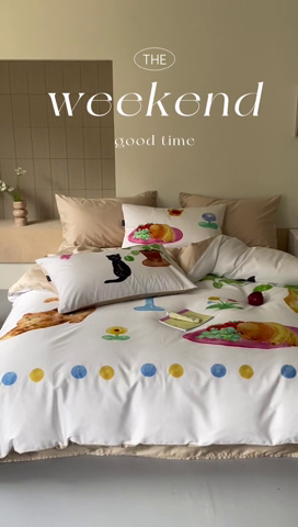 91家纺网 家纺一手货源 找家纺 （总）圆岛家纺 2024新款原创手绘系列100s 全棉数码印花四件套-猫猫vlog