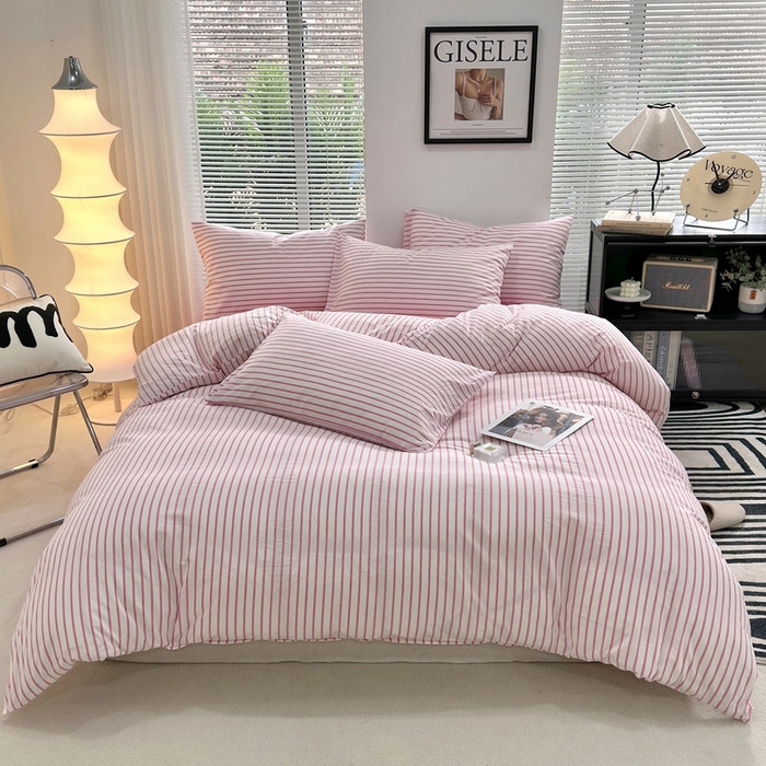 91家纺网 家纺一手货源 找家纺 价格下调三沁直播爆AAB版款纯棉全棉色织水洗棉简约格子式四件套（床单直角）玫粉条