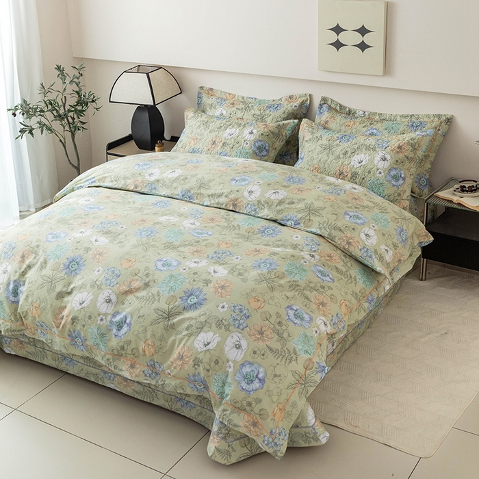 91家纺网 家纺一手货源 找家纺 优乐家纺 2025新款全棉斜纹13376单层被套夹棉床盖款四件套 安琪-绿