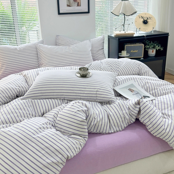 91家纺网 家纺一手货源 找家纺 价格下调三沁直播爆AAB版款纯棉全棉色织水洗棉简约格子式四件套（床单直角）蓝莓条