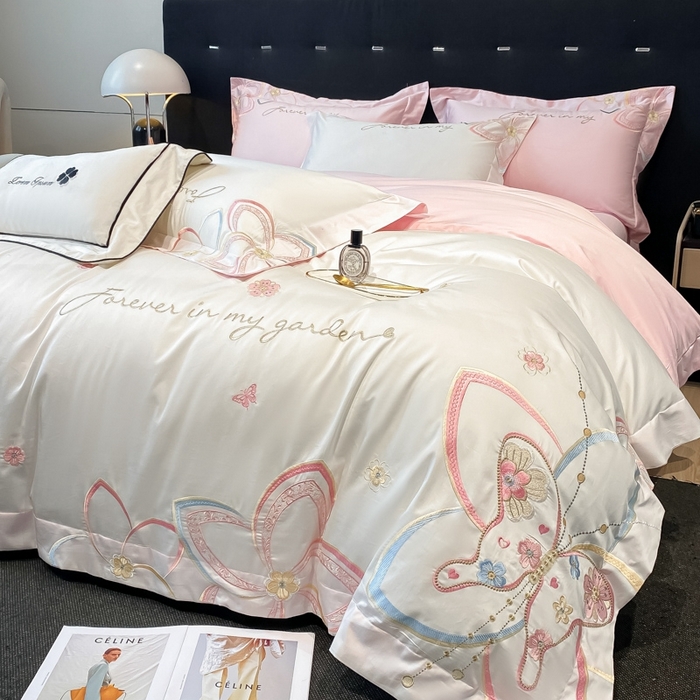 91家纺网 家纺一手货源 找家纺 星蕴家纺 2024新款喷气全工艺纯棉四件套-莉兰 莉兰白拼粉