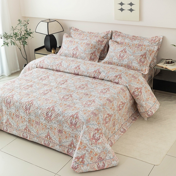 91家纺网 家纺一手货源 找家纺 优乐家纺 2025新款全棉斜纹13376宽边枕套床盖三件套 普卡拉-红