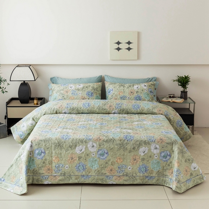 91家纺网 家纺一手货源 找家纺 优乐家纺 2025新款纯棉印花夹棉系列床盖三件套-纽扣款 安琪-绿