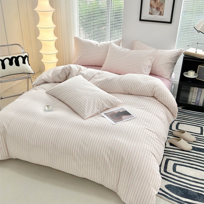 91家纺网 家纺一手货源 找家纺 价格下调三沁直播爆AAB版款纯棉全棉色织水洗棉简约格子式四件套（床单直角）果粉条