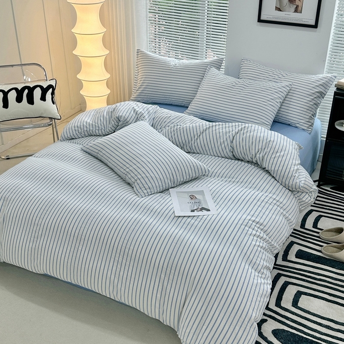 91家纺网 家纺一手货源 找家纺 价格下调三沁直播爆AAB版款纯棉全棉色织水洗棉简约格子式四件套（床单直角）蓝灰条