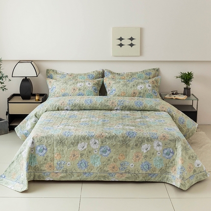 91家纺网 家纺一手货源 找家纺 优乐家纺 2025新款全棉斜纹13376宽边枕套床盖三件套 安琪-绿