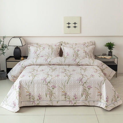 优乐家纺 2025新款全棉斜纹13376宽边枕套床盖三件套 迷雾