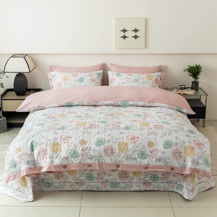 91家纺网 家纺一手货源 找家纺 优乐家纺 2025新款纯棉印花夹棉系列四件套-纽扣款 安琪-黄