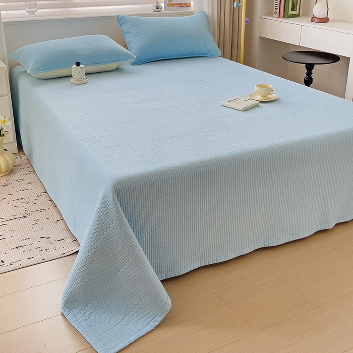 91家纺网 家纺一手货源 找家纺 羽爱家纺 2024新款双面纯色全棉水洗床盖 天蓝