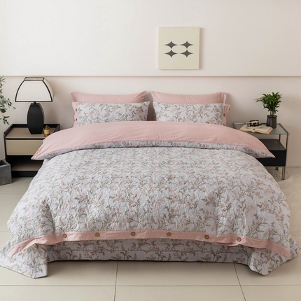 优乐家纺 2025新款纯棉印花夹棉系列四件套-纽扣款 清婉