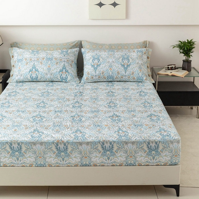 91家纺网 家纺一手货源 找家纺 优乐家纺 2025新款纯棉印花夹棉床笠三件套系列-纽扣款 普卡拉-兰