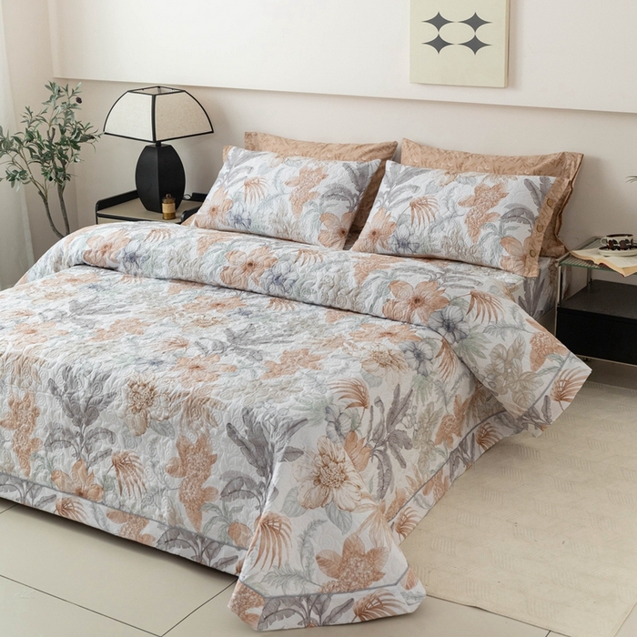 91家纺网 家纺一手货源 找家纺 优乐家纺 2025新款纯棉印花夹棉系列床盖三件套-纽扣款 春意盎然