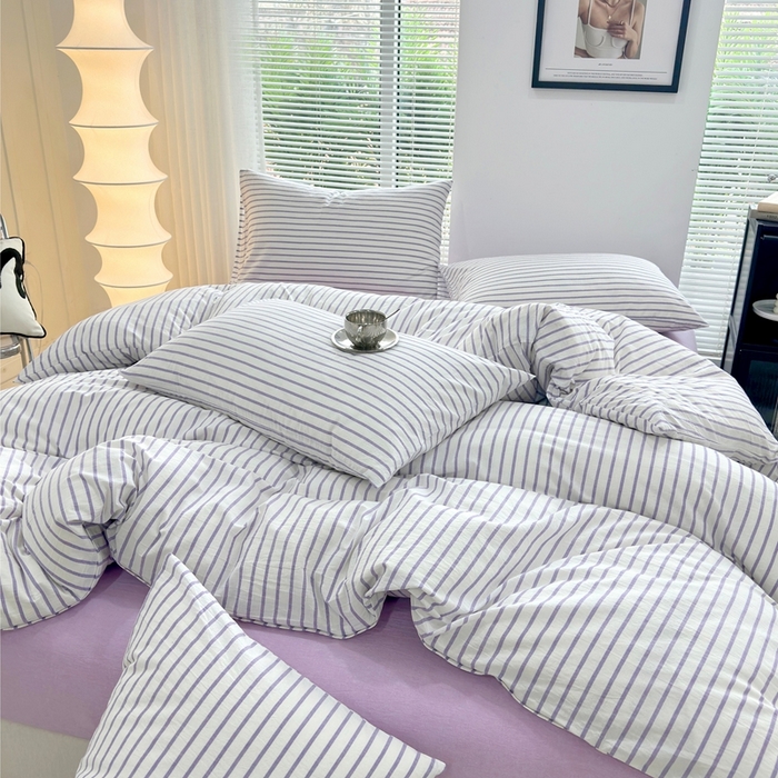 91家纺网 家纺一手货源 找家纺 价格下调三沁直播爆AAB版款纯棉全棉色织水洗棉简约格子式四件套（床单直角）蓝莓条