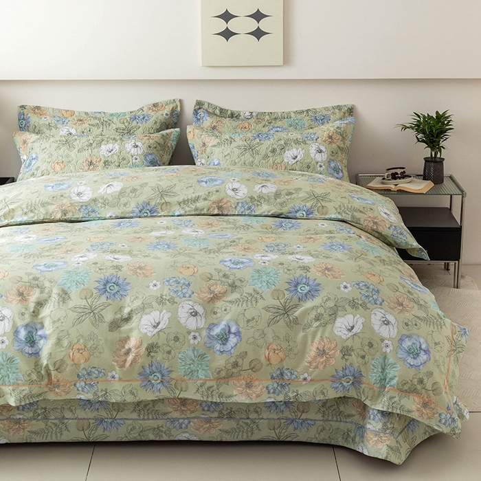 91家纺网 家纺一手货源 找家纺 优乐家纺 2025新款全棉斜纹13376单层被套夹棉床盖款四件套 安琪-绿