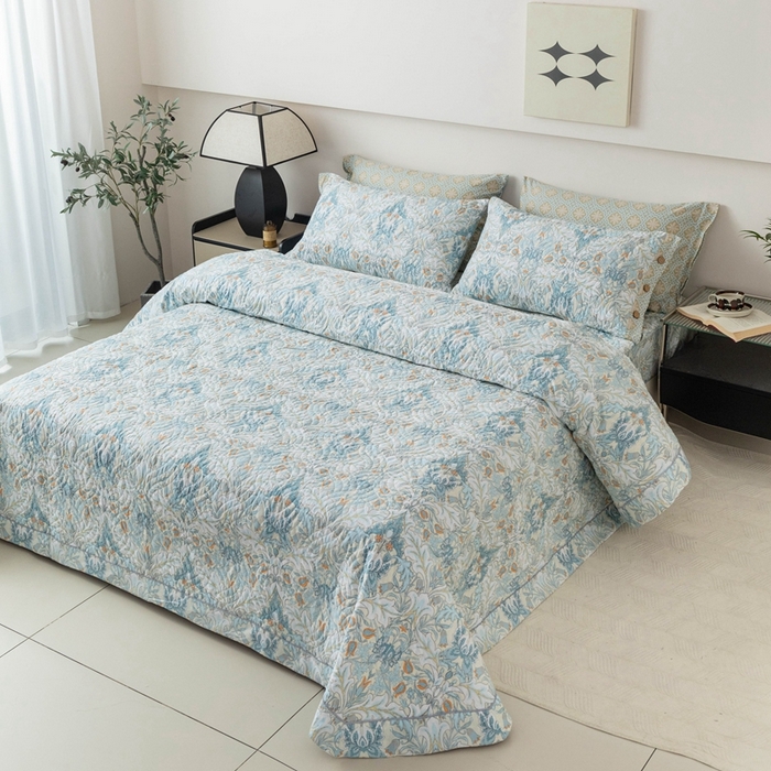 91家纺网 家纺一手货源 找家纺 优乐家纺 2025新款纯棉印花夹棉系列床盖三件套-纽扣款 普卡拉-兰