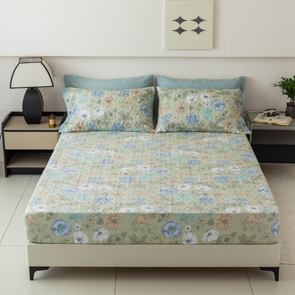 优乐家纺 2025新款纯棉印花夹棉床笠三件套系列-纽扣款 安琪-绿