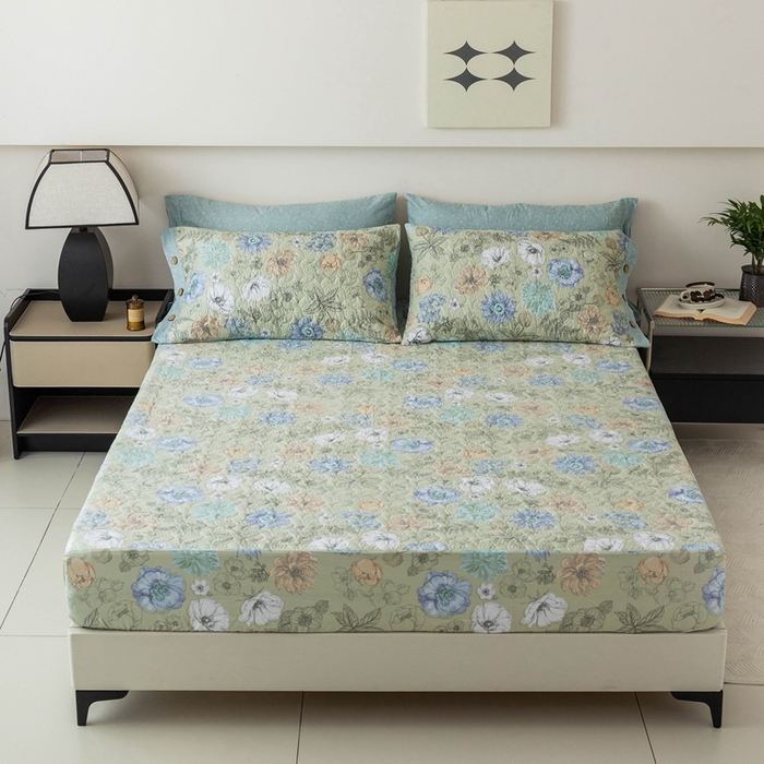 91家纺网 家纺一手货源 找家纺 优乐家纺 2025新款纯棉印花夹棉床笠三件套系列-纽扣款 安琪-绿