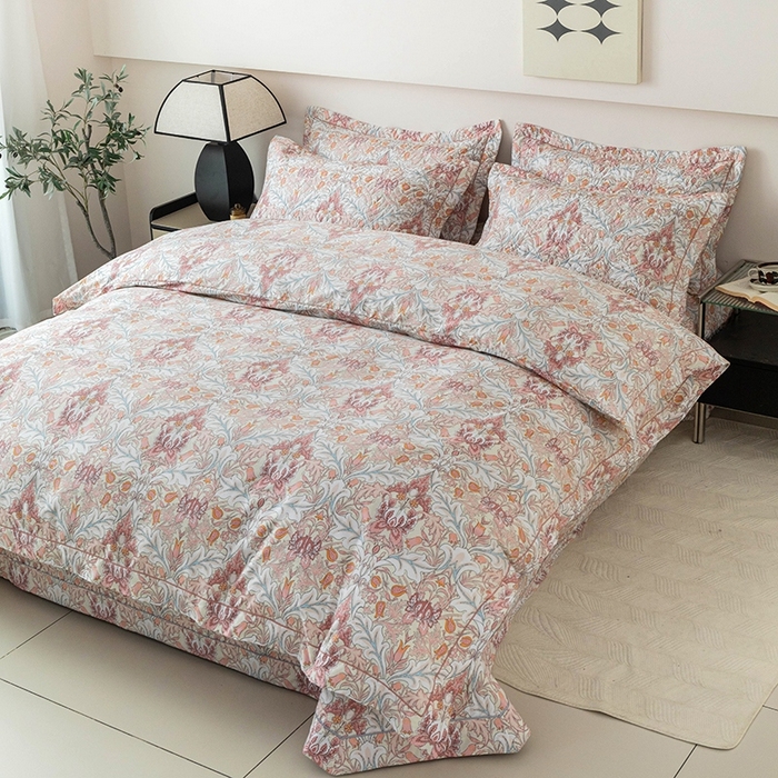 91家纺网 家纺一手货源 找家纺 优乐家纺 2025新款全棉斜纹13376单层被套夹棉床盖款四件套 普卡拉-红