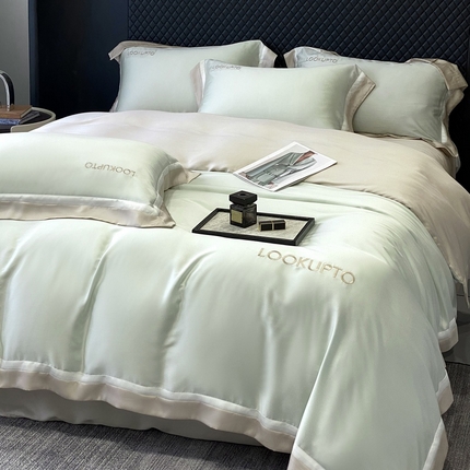 91家纺网 家纺一手货源 找家纺 优悦生活馆 宽边拼角冰丝刺绣四件套-仰望 仰望-绿