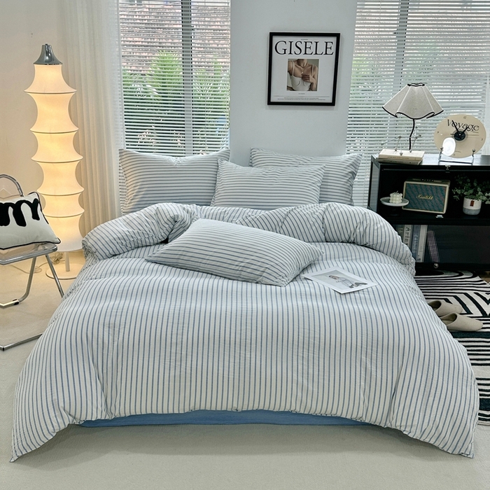 91家纺网 家纺一手货源 找家纺 价格下调三沁直播爆AAB版款纯棉全棉色织水洗棉简约格子式四件套（床单直角）蓝灰条