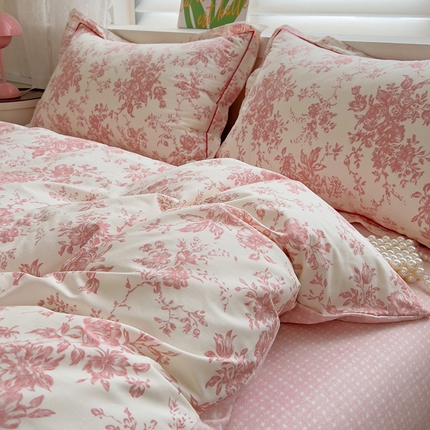 乐童 2024新款直播爆款13070纯棉印花吊边款一字绣四件套 第五波 藤曼花影 粉