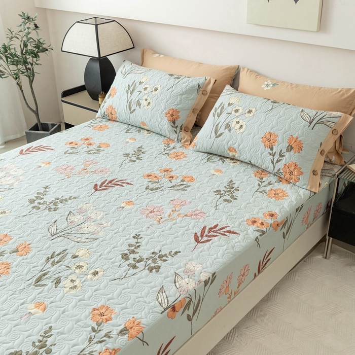 91家纺网 家纺一手货源 找家纺 优乐家纺 2025新款纯棉印花夹棉床笠三件套系列-纽扣款 南薇-兰