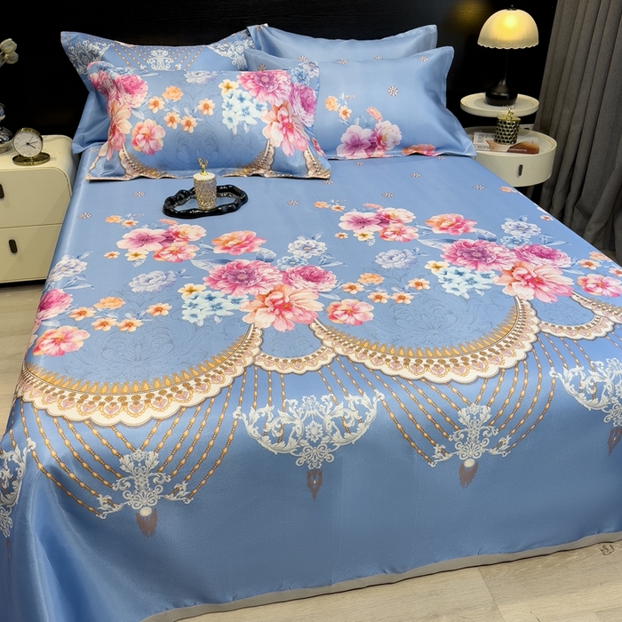 91家纺网 家纺一手货源 找家纺 柏薇 2024新款冰丝床单款凉席三件套 花丛间