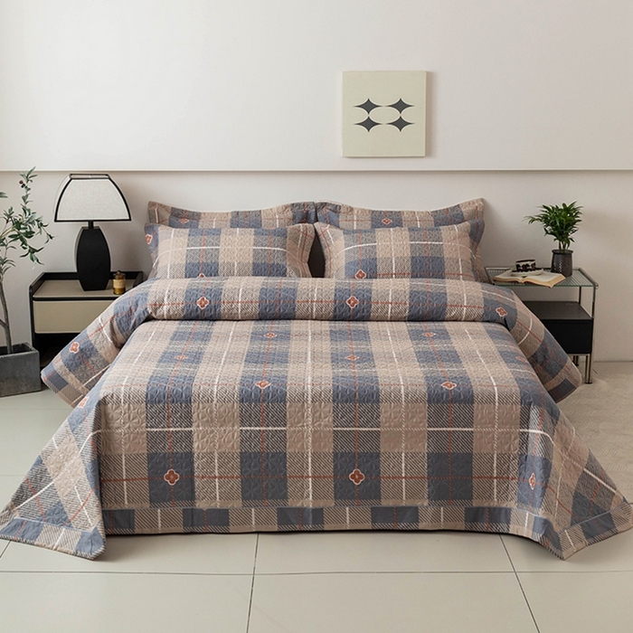 91家纺网 家纺一手货源 找家纺 优乐家纺 2025新款全棉斜纹13376宽边枕套床盖三件套 博尔-咖