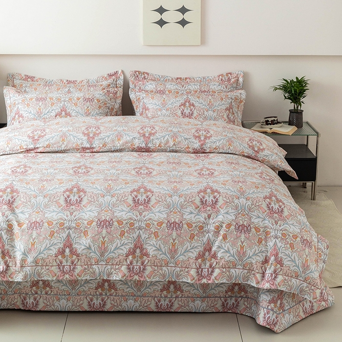 91家纺网 家纺一手货源 找家纺 优乐家纺 2025新款全棉斜纹13376单层被套夹棉床盖款四件套 普卡拉-红