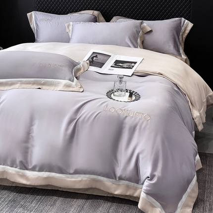 91家纺网 家纺一手货源 找家纺 优悦生活馆 宽边拼角冰丝刺绣四件套-仰望 仰望-紫