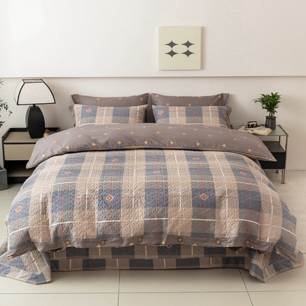 91家纺网 家纺一手货源 找家纺 优乐家纺 2025新款纯棉印花夹棉系列四件套-纽扣款 博尔-咖