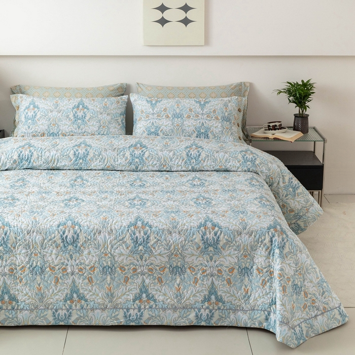 91家纺网 家纺一手货源 找家纺 优乐家纺 2025新款纯棉印花夹棉系列床盖三件套-纽扣款 普卡拉-兰