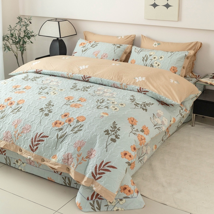 91家纺网 家纺一手货源 找家纺 优乐家纺 2025新款纯棉印花夹棉系列四件套-纽扣款 南薇-兰