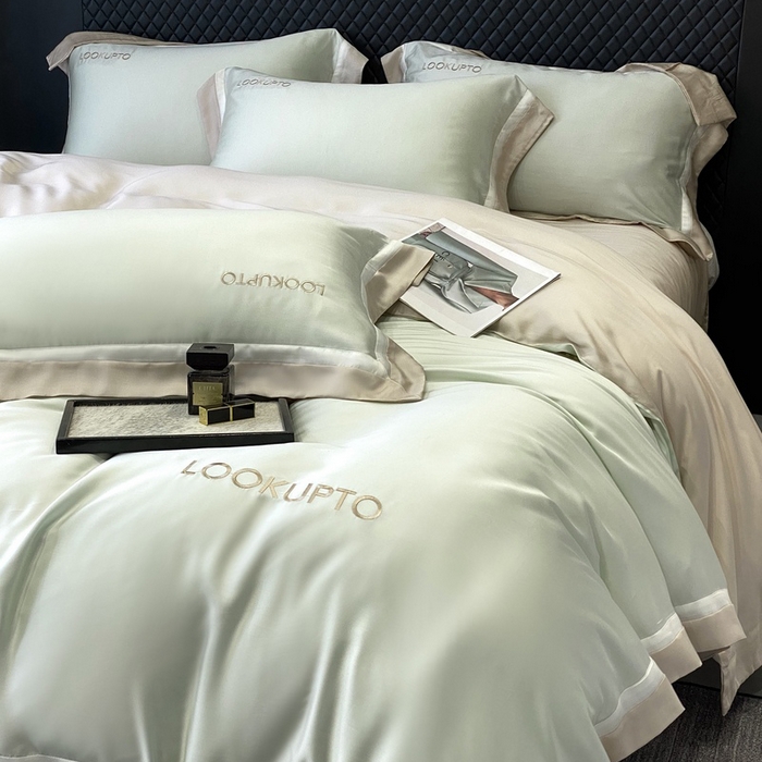 91家纺网 家纺一手货源 找家纺 优悦生活馆 宽边拼角冰丝刺绣四件套-仰望 仰望-绿